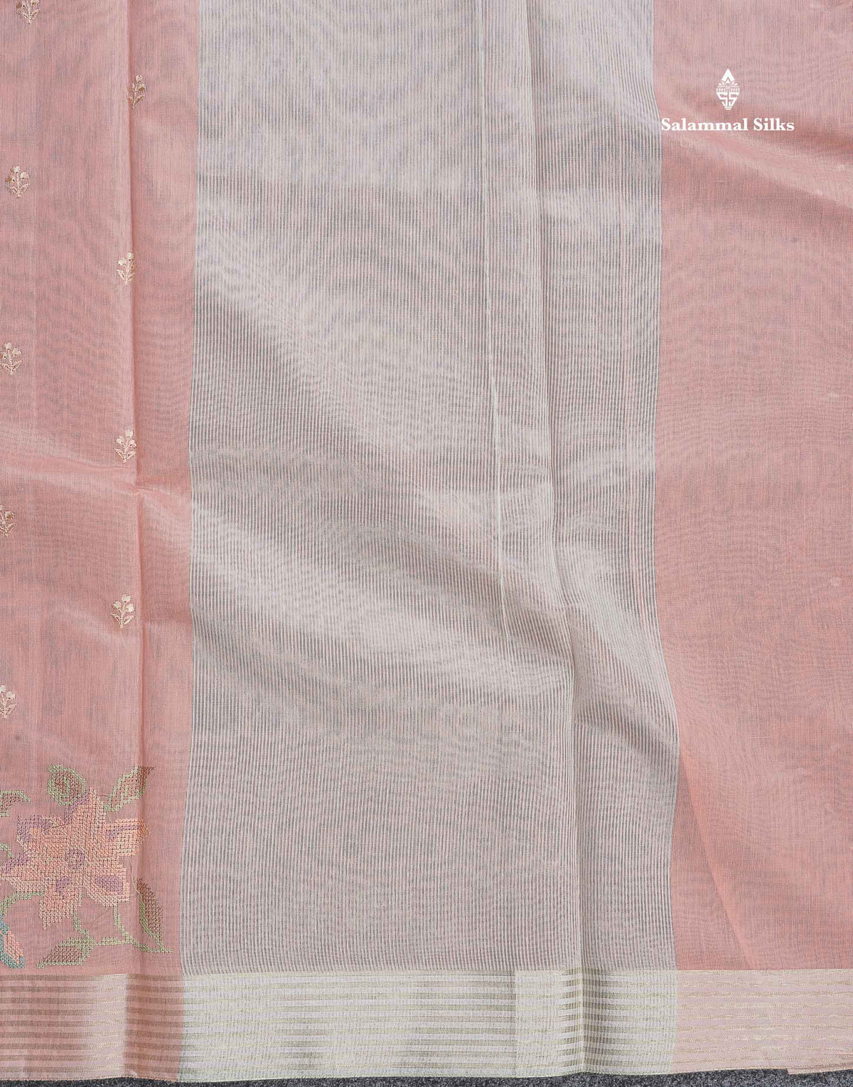 Cotton Mix Saree - Peach Colour  Body Embroidery Work With Fancy Border