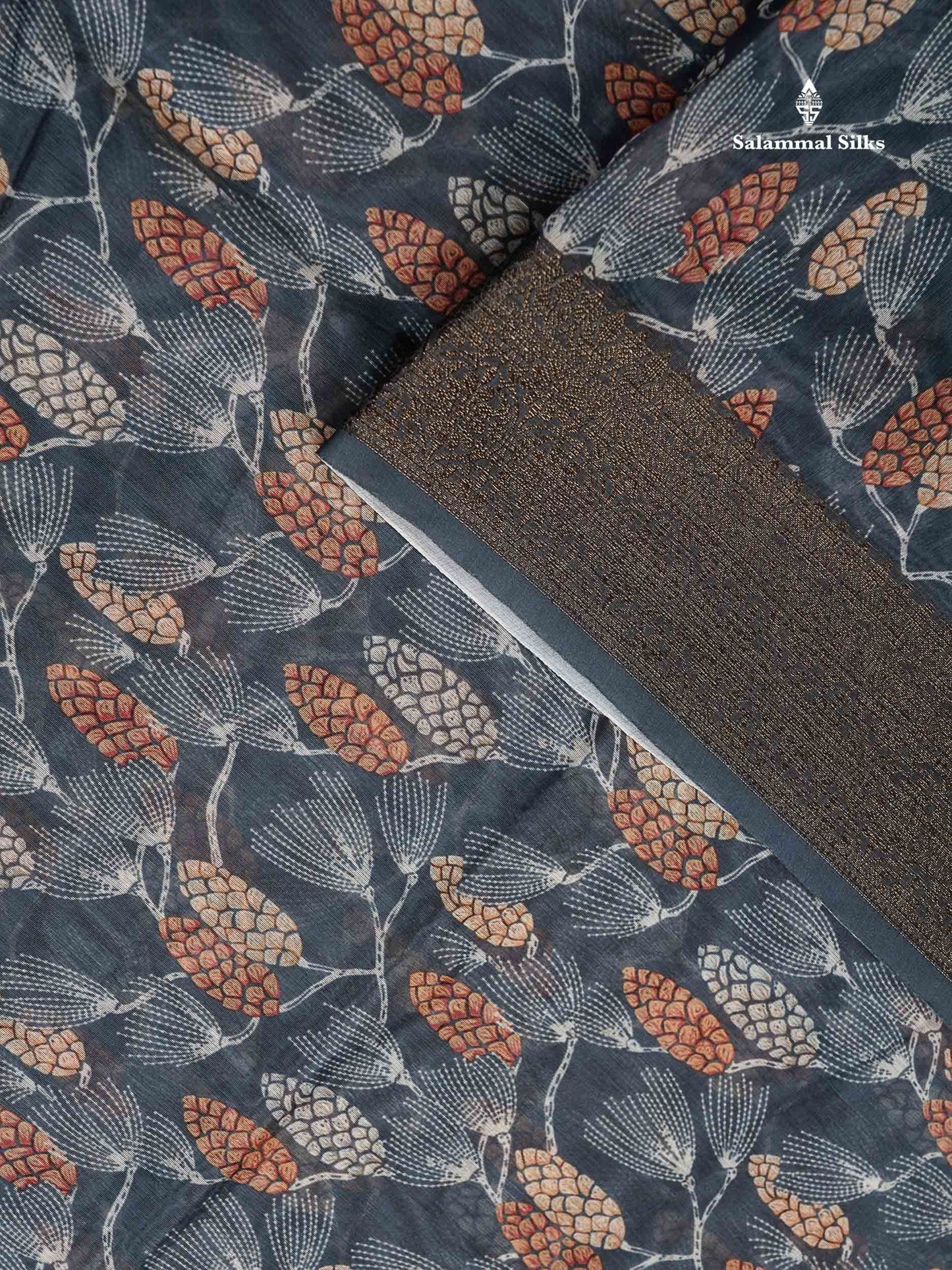 Cotton Mix Saree - Blueish Grey Printed Design Along With Contrast Grey Blouse