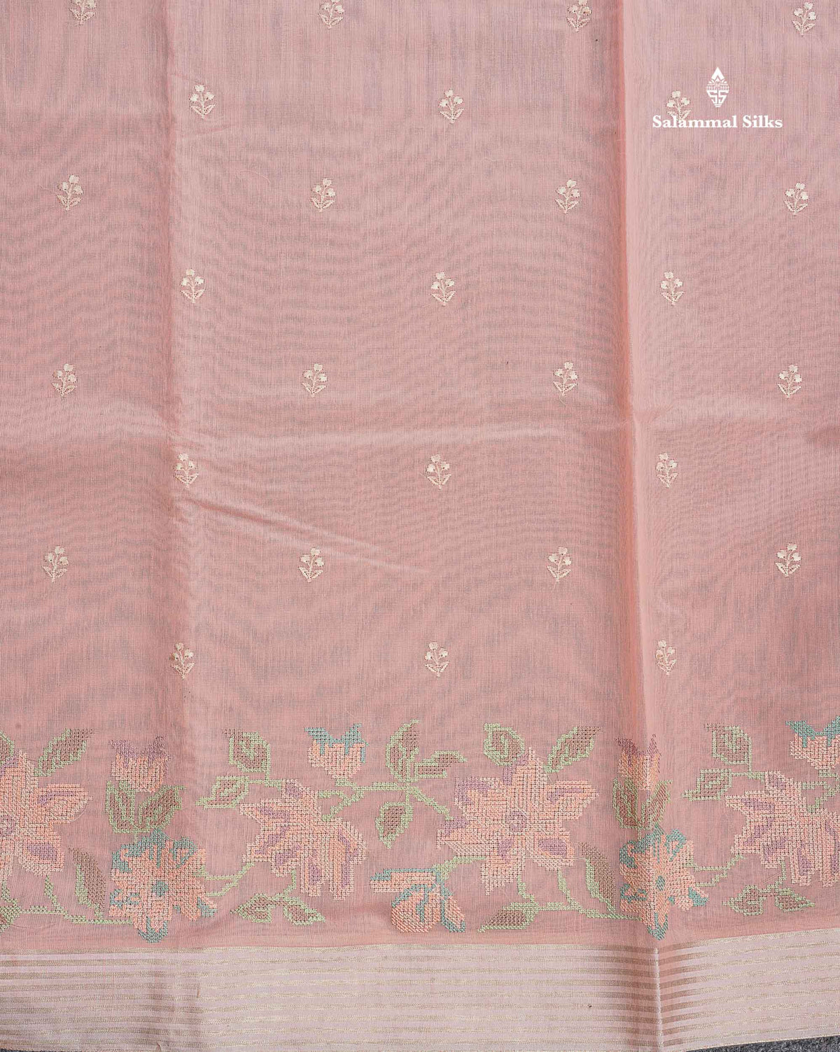 Cotton Mix Saree - Peach Colour  Body Embroidery Work With Fancy Border