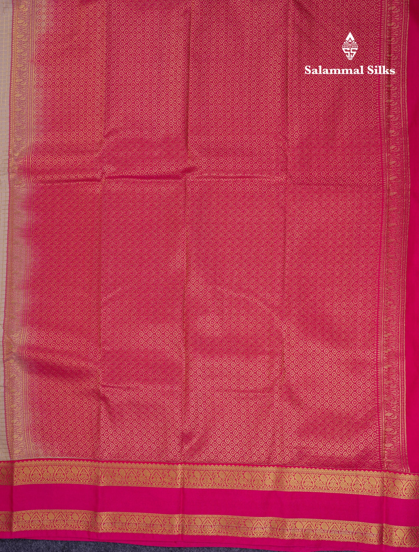 Beautiful Cream Sandal Small Checks With Butta Semi Silk Saree With Contrast Pink Rettapet Traditional Border