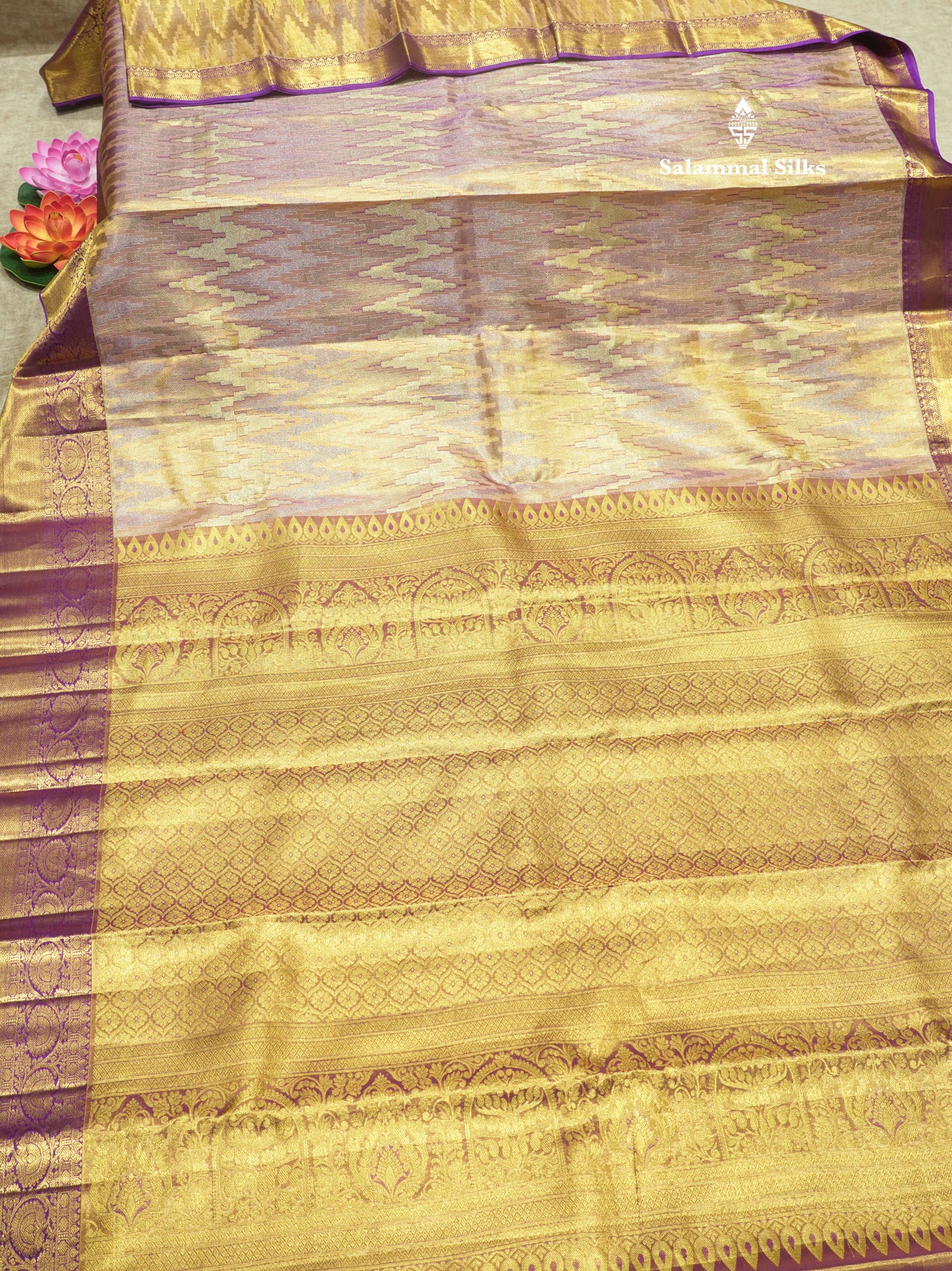 Tri Colour Pattern Fancy Pure Kanjivaram Silk Saree With Contrast Vadamalli Border