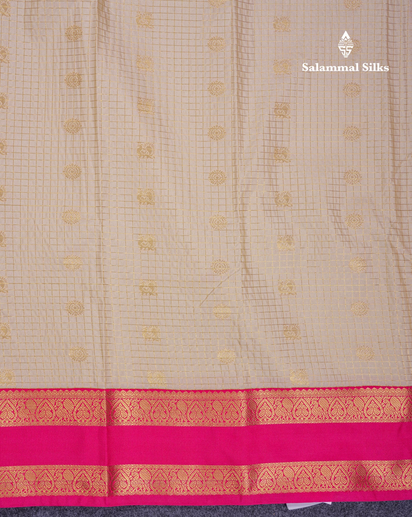 Beautiful Cream Sandal Small Checks With Butta Semi Silk Saree With Contrast Pink Rettapet Traditional Border