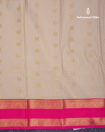 Beautiful Cream Sandal Small Checks With Butta Semi Silk Saree With Contrast Pink Rettapet Traditional Border