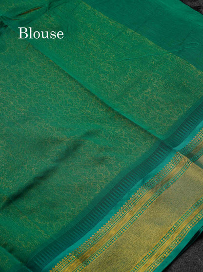 Beautiful Black Zari Butta Semi Silk Cotton Saree With Contrast Sapphire Green Traditional Border