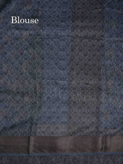 Cotton Mix Saree - Blueish Grey Printed Design Along With Contrast Grey Blouse