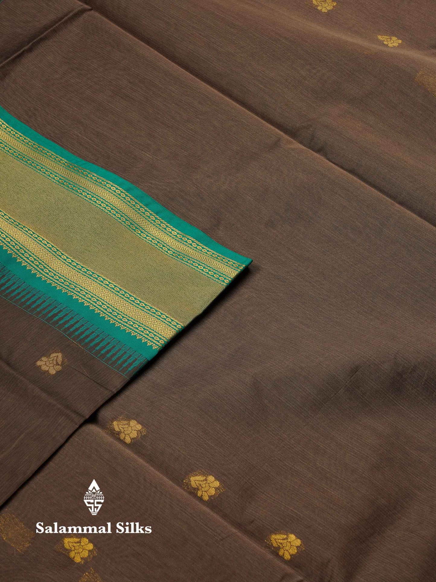 Beautiful Black Zari Butta Semi Silk Cotton Saree With Contrast Sapphire Green Traditional Border