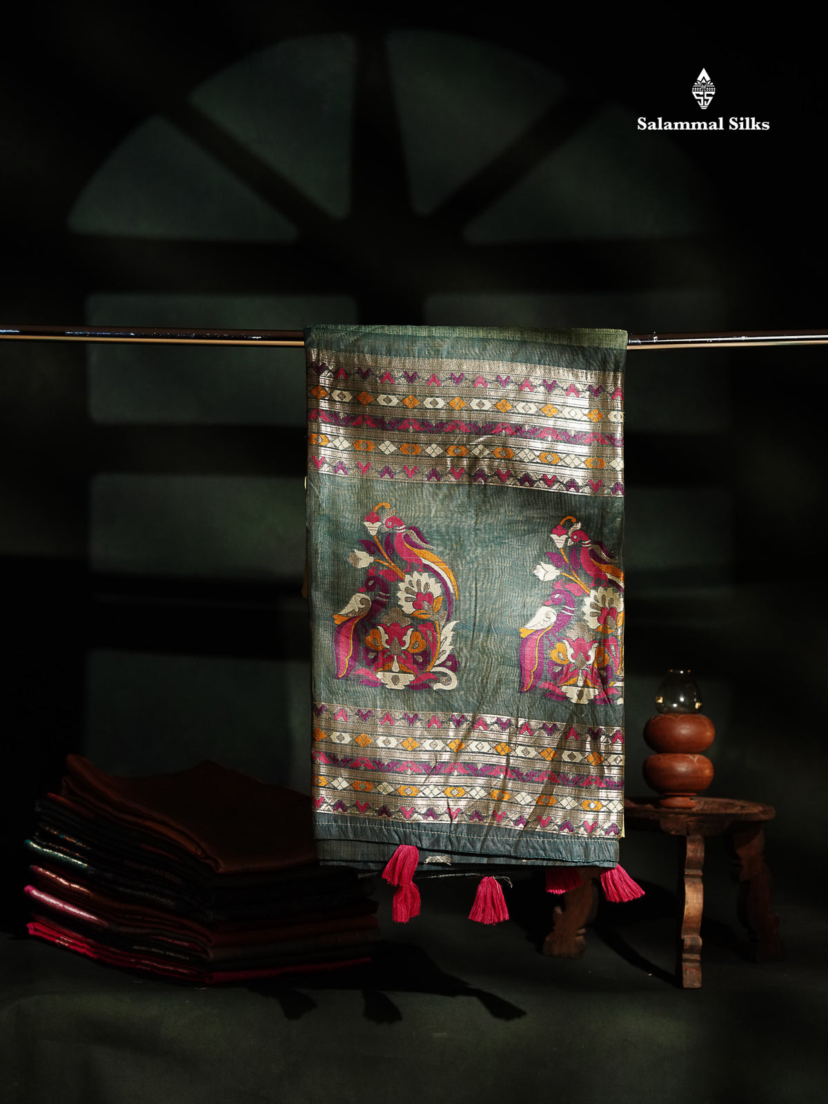 Beautiful Light Green Thread Work Butta Muga Cotton Saree With Contrast Grey Blouse