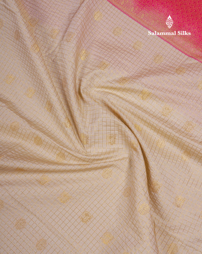 Beautiful Cream Sandal Small Checks With Butta Semi Silk Saree With Contrast Pink Rettapet Traditional Border