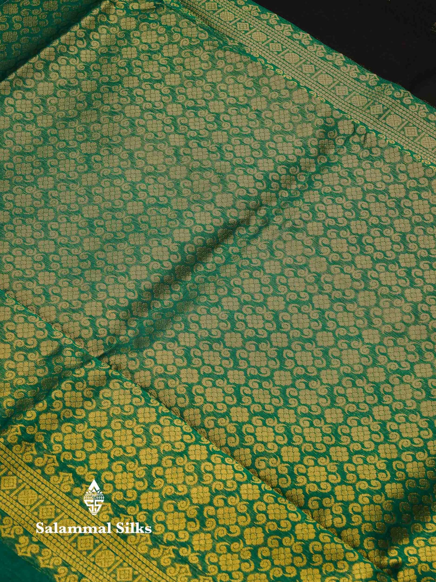 Beautiful Black Zari Butta Semi Silk Cotton Saree With Contrast Sapphire Green Traditional Border