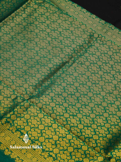 Beautiful Black Zari Butta Semi Silk Cotton Saree With Contrast Sapphire Green Traditional Border