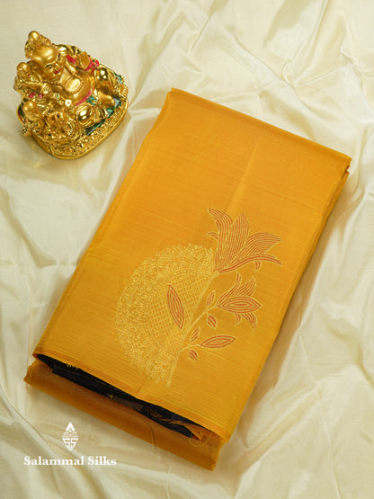 Mustard Yellow Fancy Pure Kanjivaram Silk Saree with Contrast Blouse