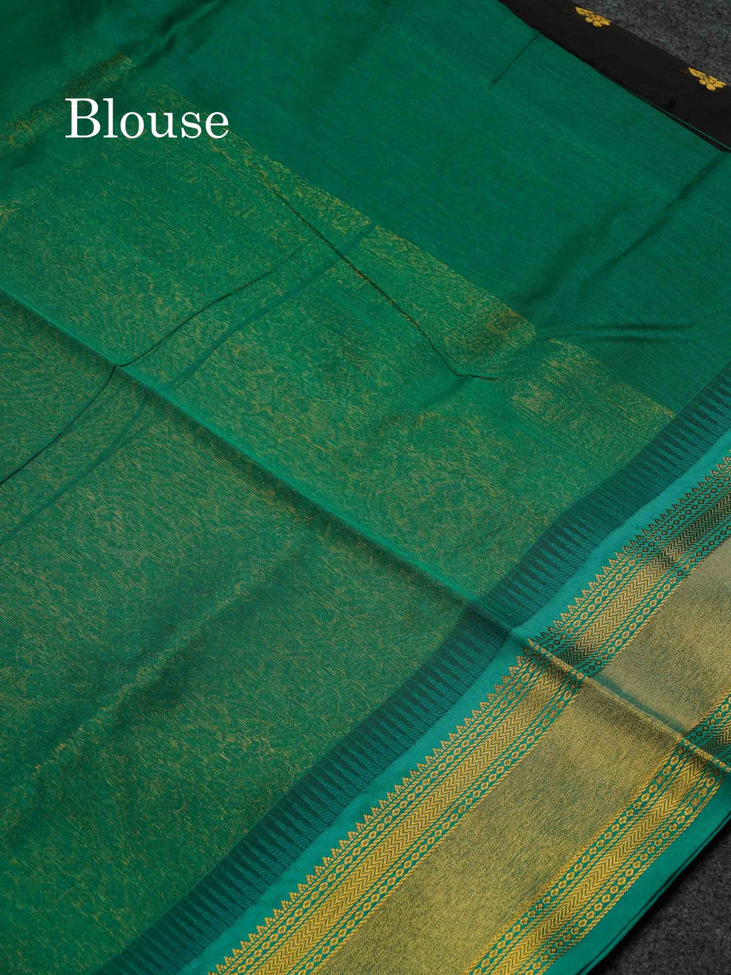 Beautiful Black Zari Butta Semi Silk Cotton Saree With Contrast Sapphire Green Traditional Border