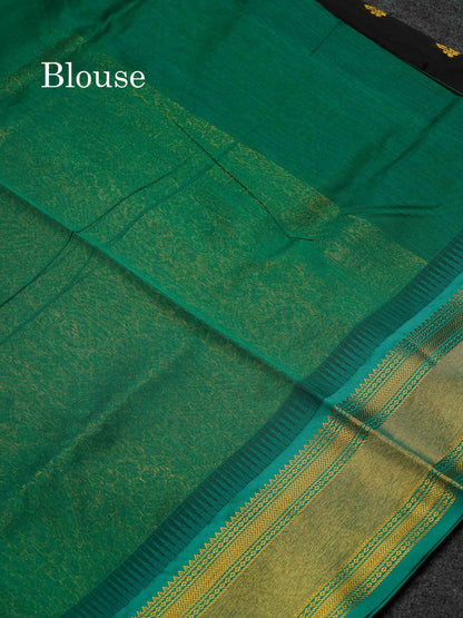 Beautiful Black Zari Butta Semi Silk Cotton Saree With Contrast Sapphire Green Traditional Border