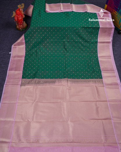 Beautiful Bottle Green Small Checks With Butta Semi Silk Saree With Contrast Baby Pink Traditional Border