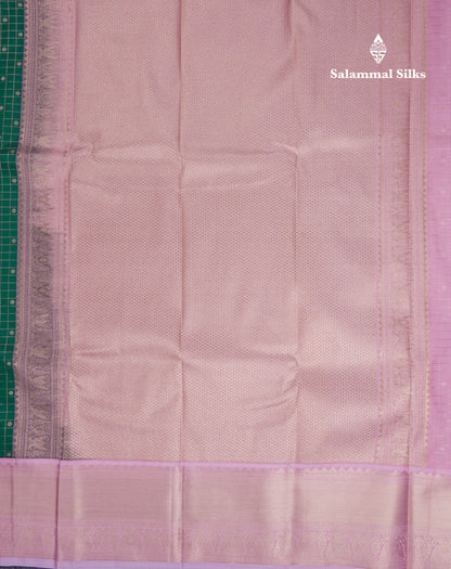 Beautiful Bottle Green Small Checks With Butta Semi Silk Saree With Contrast Baby Pink Traditional Border