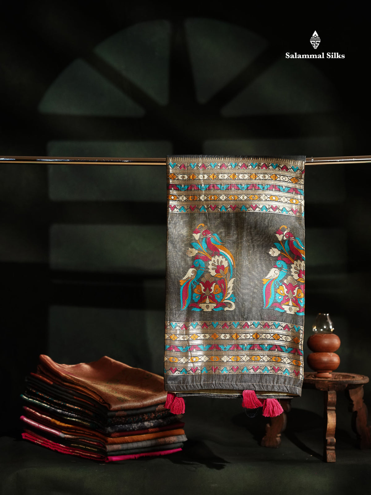 Beautiful Light Green Thread Work Butta Muga Cotton Saree With Contrast Grey Blouse