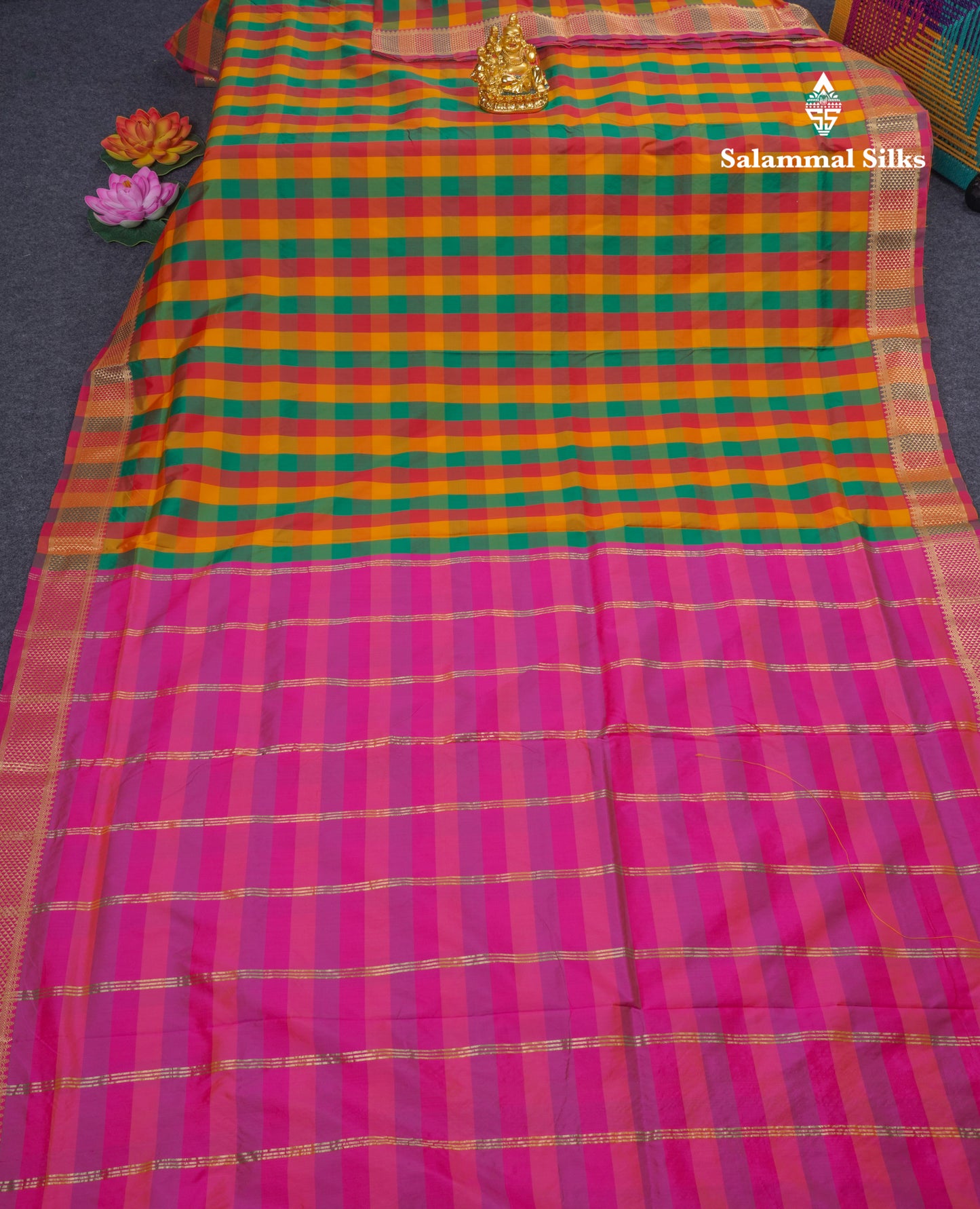 11 Yards Semi Silk Saree Multicolour Checks with Self Border