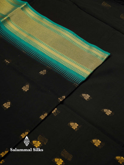 Beautiful Black Zari Butta Semi Silk Cotton Saree With Contrast Sapphire Green Traditional Border