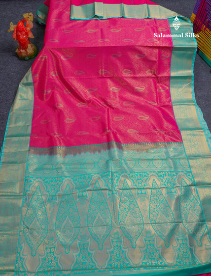 Beautiful Pink Menakari Work Bridal Semi Silk Saree With Contrast Rexona Traditional Border