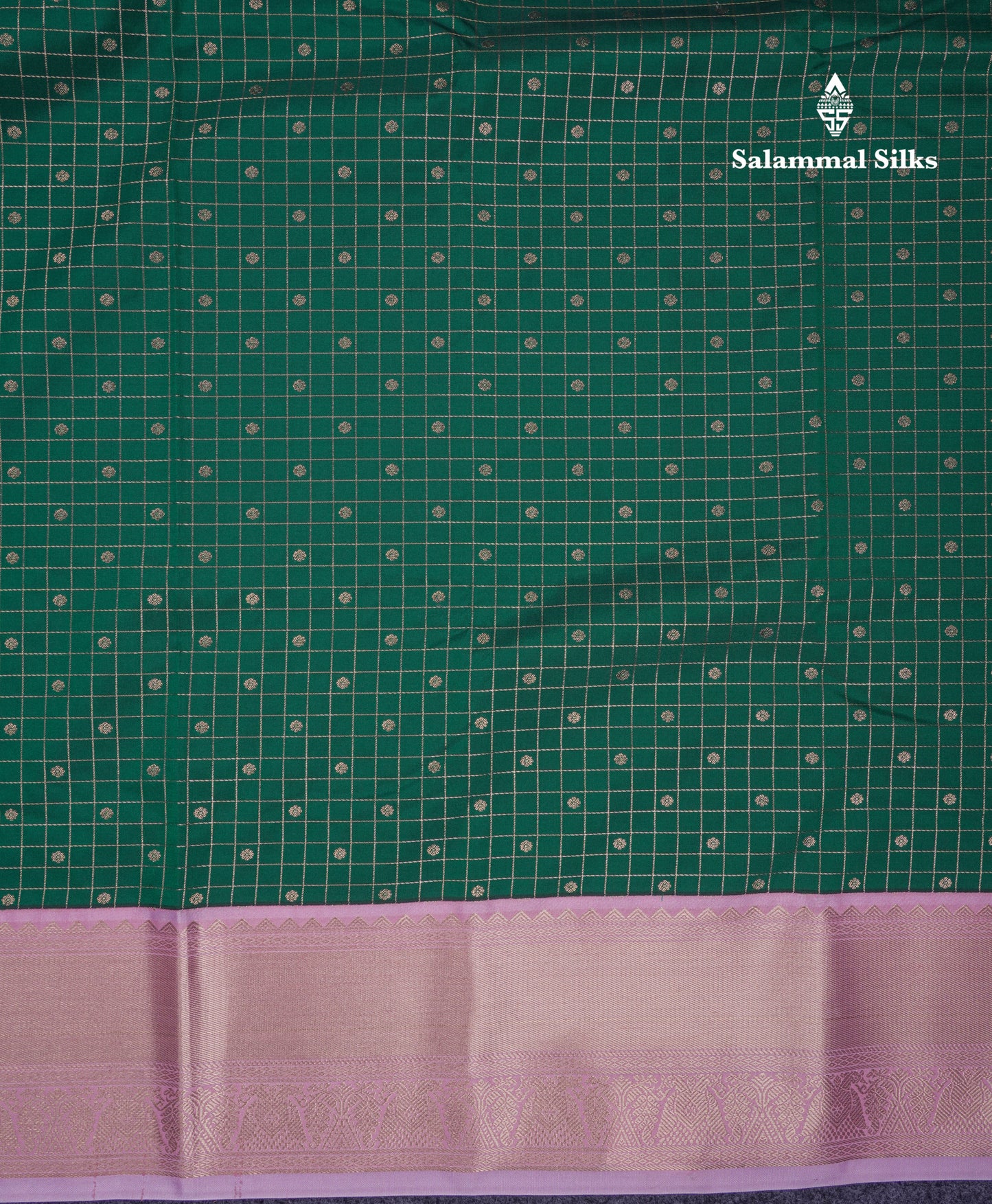 Beautiful Bottle Green Small Checks With Butta Semi Silk Saree With Contrast Baby Pink Traditional Border