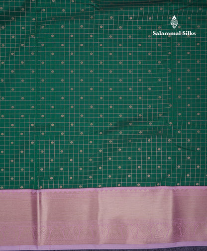 Beautiful Bottle Green Small Checks With Butta Semi Silk Saree With Contrast Baby Pink Traditional Border