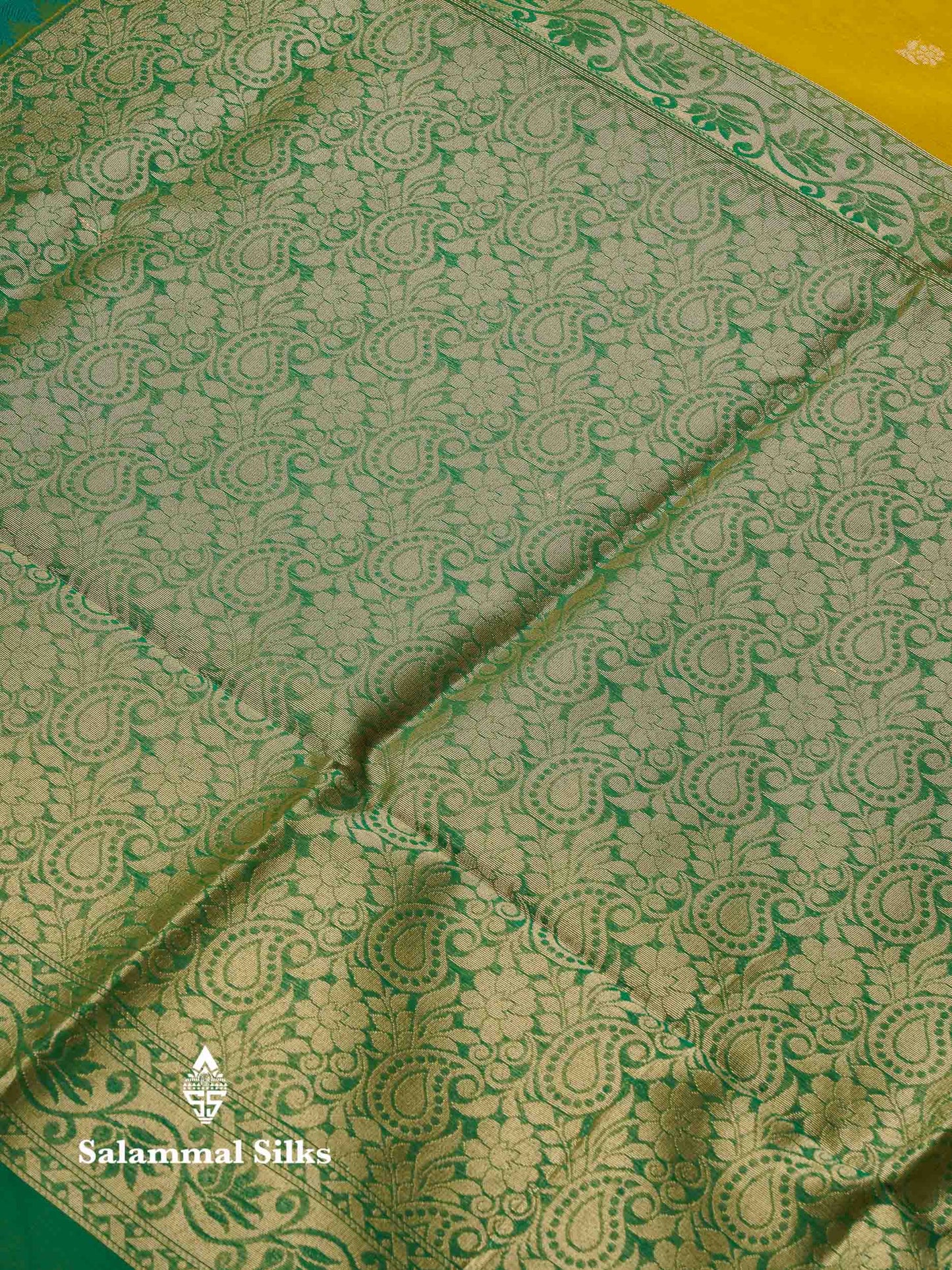 Beautiful Lemon Yellow Zari Butta Semi Silk Cotton Saree With Contrast Sapphire Green Traditional Border
