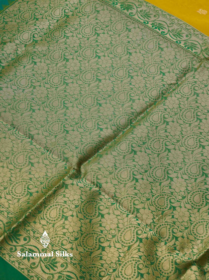 Beautiful Lemon Yellow Zari Butta Semi Silk Cotton Saree With Contrast Sapphire Green Traditional Border