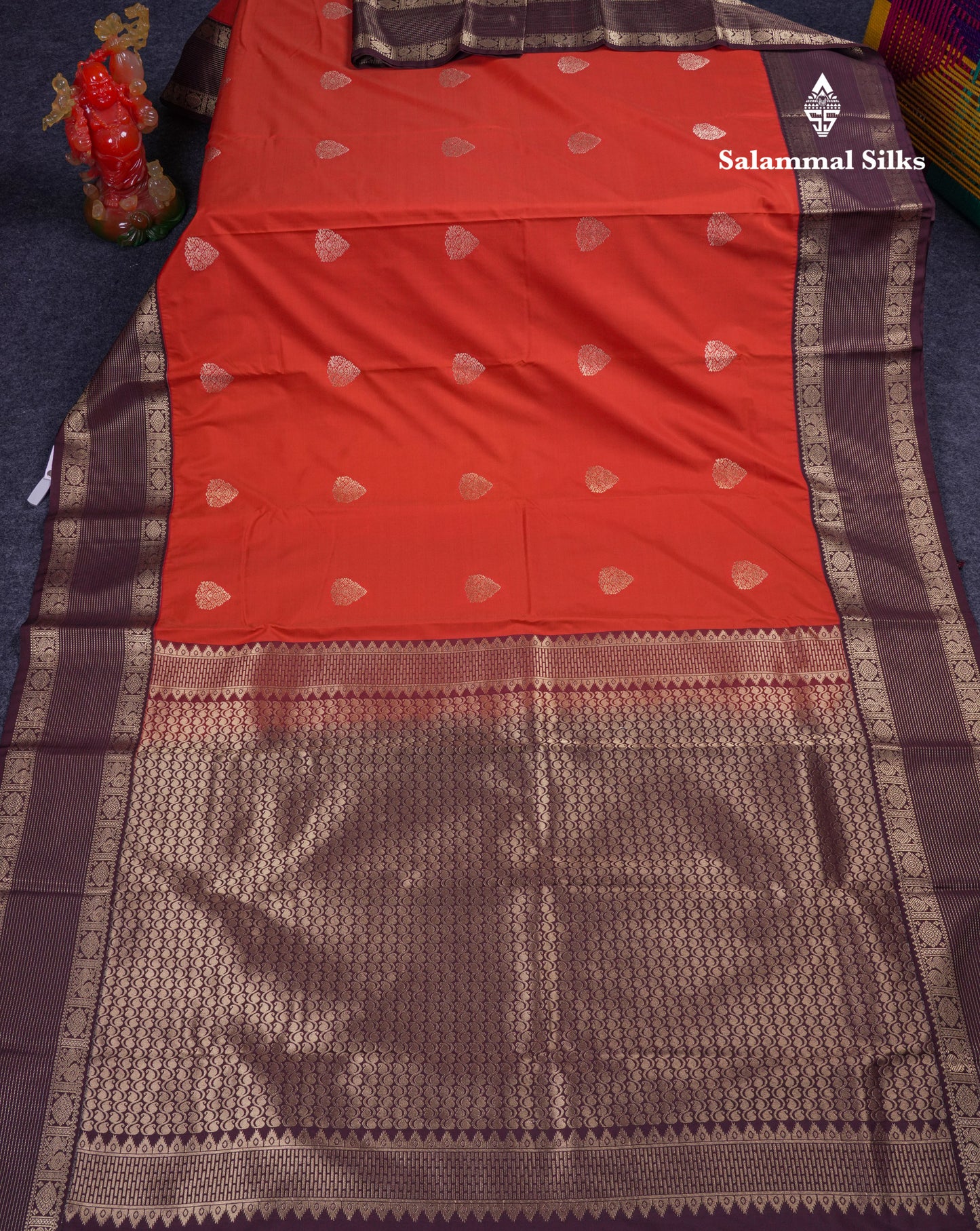 Beautiful Rust Orange Semi Silk Saree With Contrast Dark Brown Traditional Border
