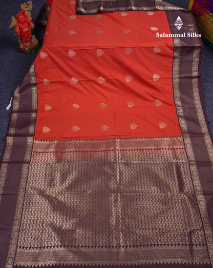 Beautiful Rust Orange Semi Silk Saree With Contrast Dark Brown Traditional Border