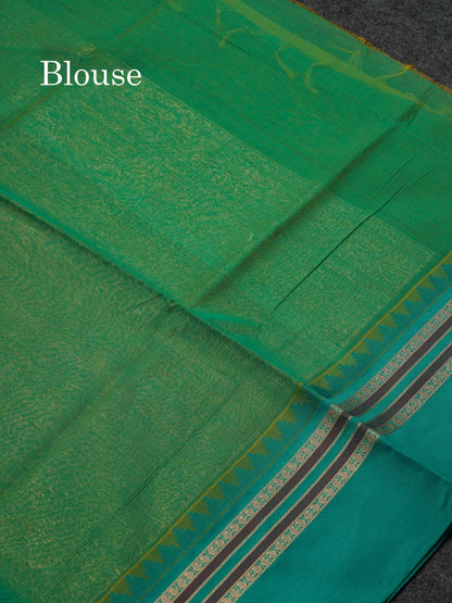 Beautiful Lemon Yellow Zari Butta Semi Silk Cotton Saree With Contrast Sapphire Green Traditional Border