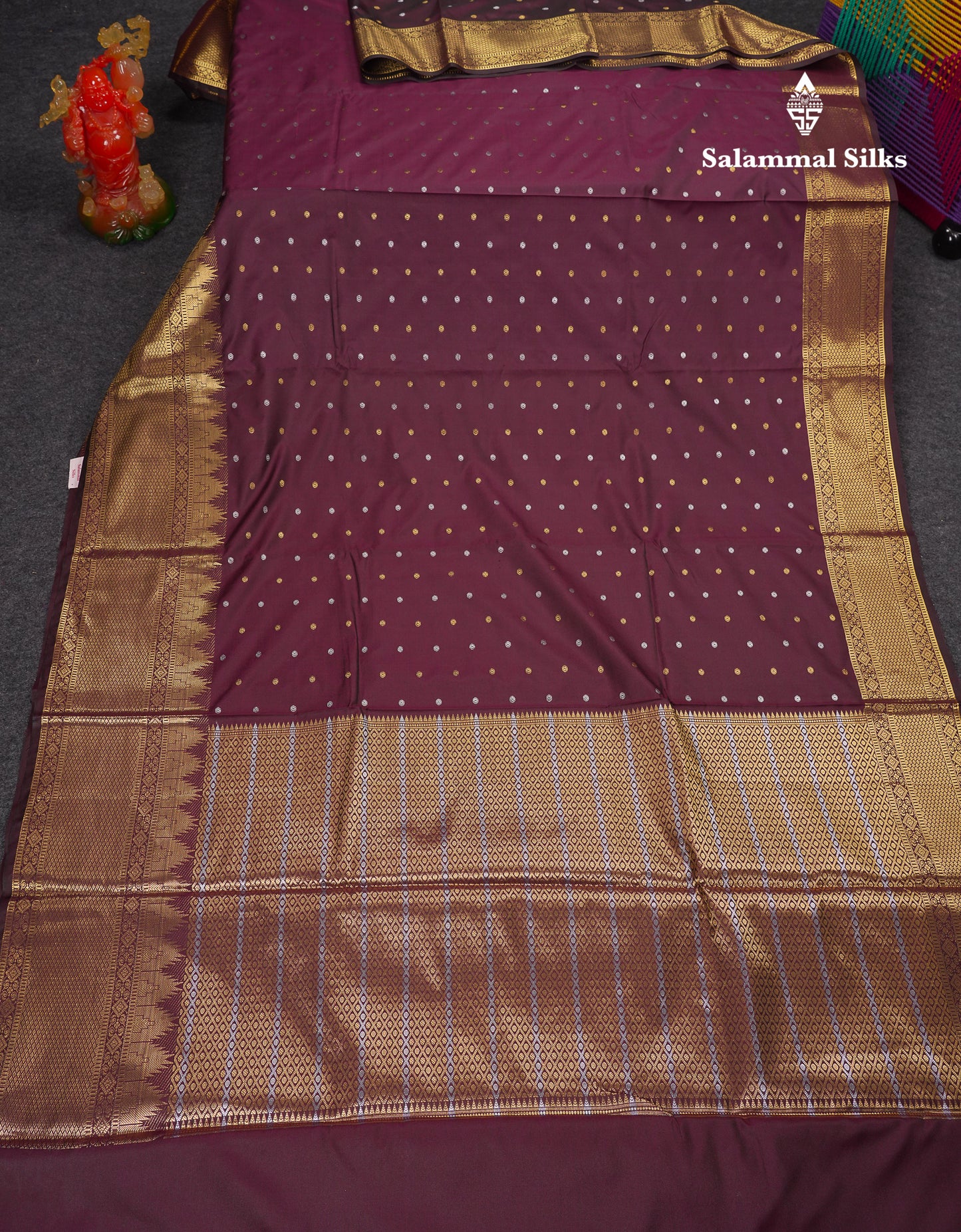 Beautiful Dark Magenta Silver & Gold Buttas Mixed Cotton Fancy Saree With Traditional Evening Morning Temple Border