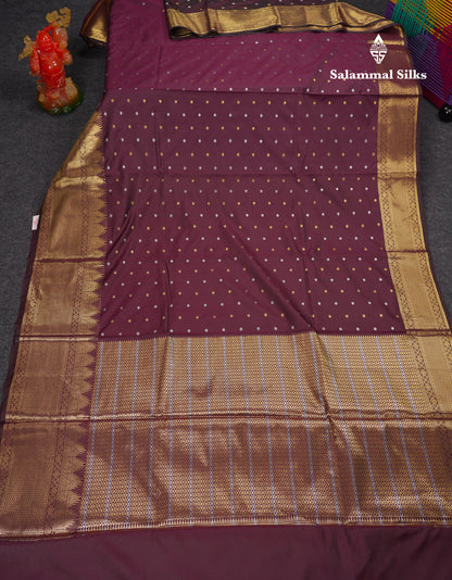 Beautiful Dark Magenta Silver & Gold Buttas Mixed Cotton Fancy Saree With Traditional Evening Morning Temple Border
