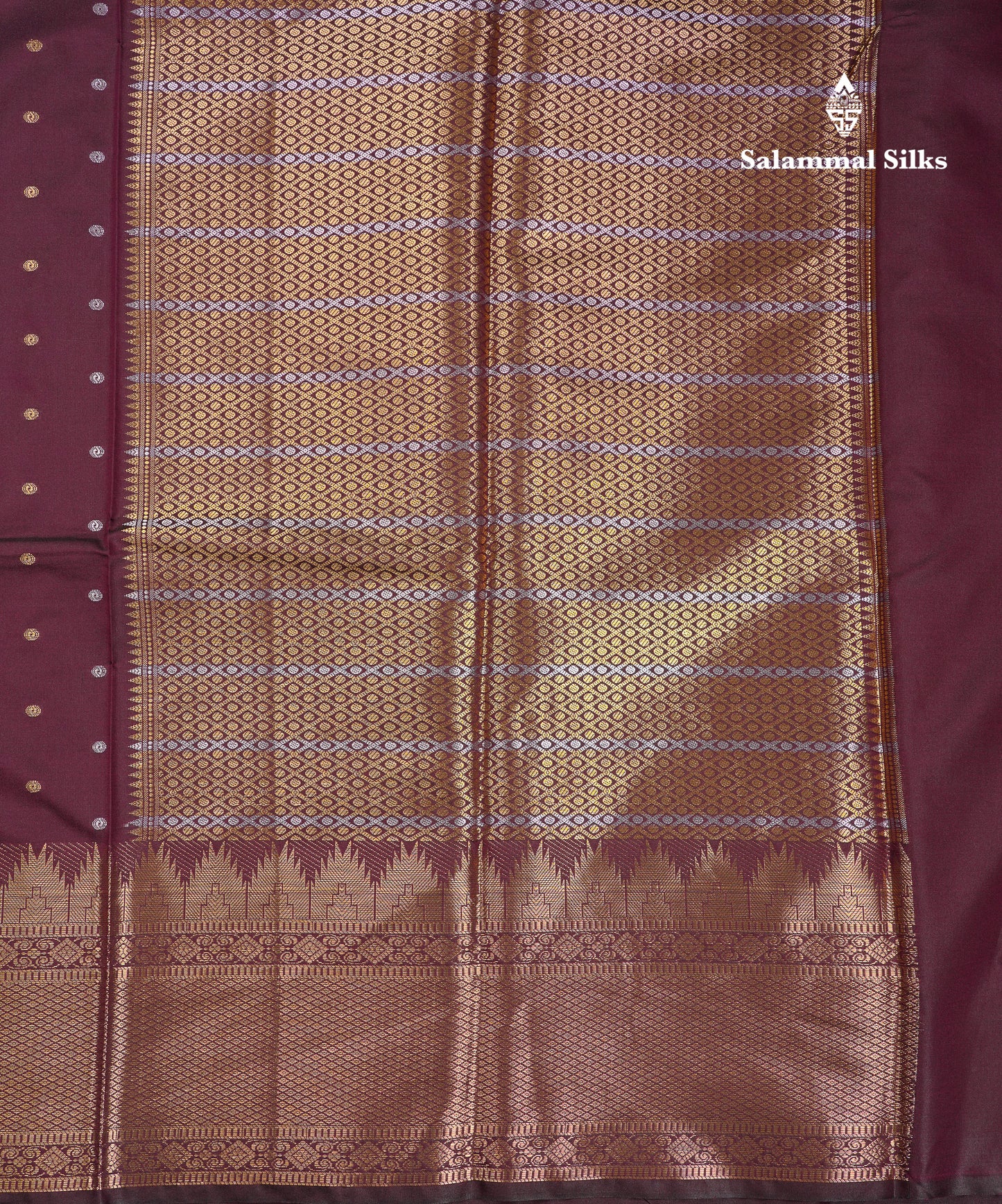 Beautiful Dark Magenta Silver & Gold Buttas Mixed Cotton Fancy Saree With Traditional Evening Morning Temple Border