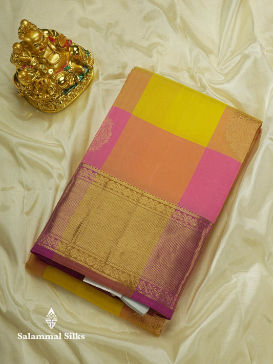 Beautiful Traditional Paalum Pazham Checks Pure Kanjivaram Silk Saree With Gold Zari Border