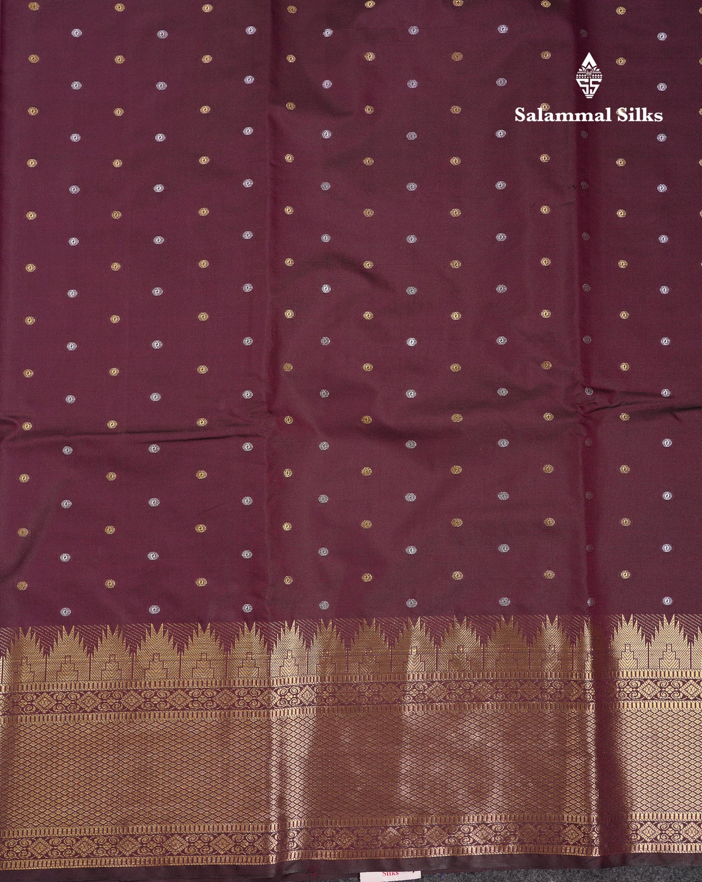 Beautiful Dark Magenta Silver & Gold Buttas Mixed Cotton Fancy Saree With Traditional Evening Morning Temple Border