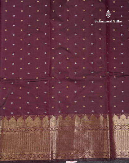 Beautiful Dark Magenta Silver & Gold Buttas Mixed Cotton Fancy Saree With Traditional Evening Morning Temple Border