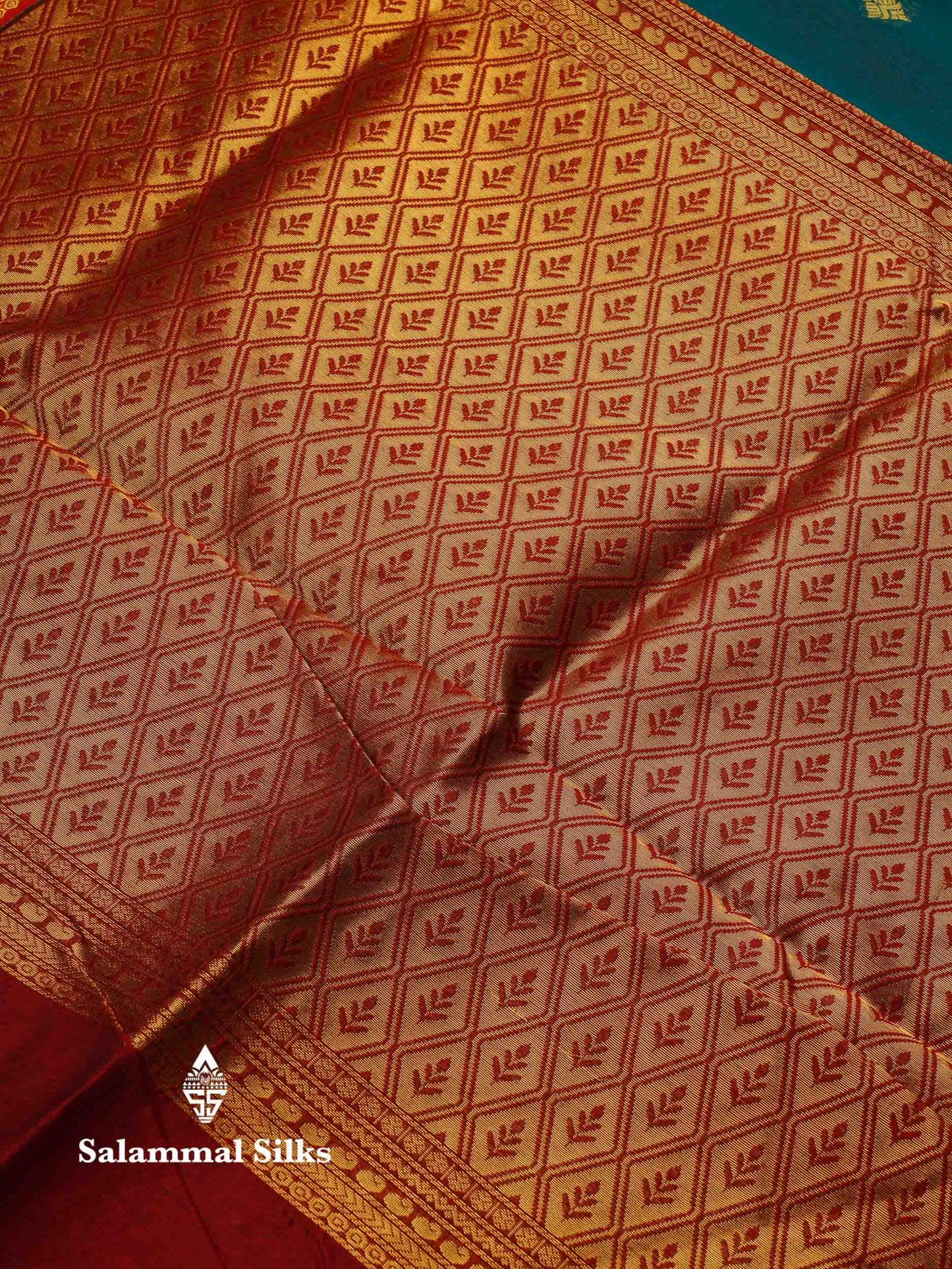 Beautiful Peacock Green Zari Butta Semi Silk Cotton Saree With Contrast Chilly Red Traditional Border