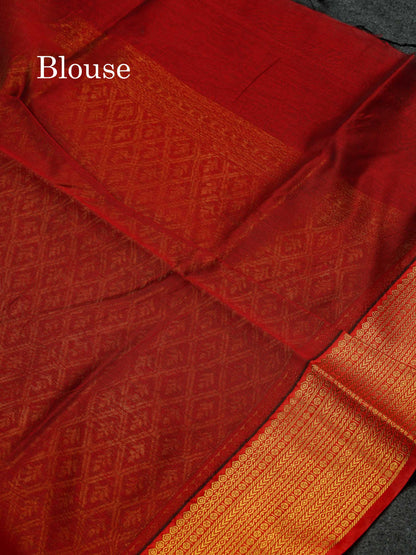 Beautiful Peacock Green Zari Butta Semi Silk Cotton Saree With Contrast Chilly Red Traditional Border