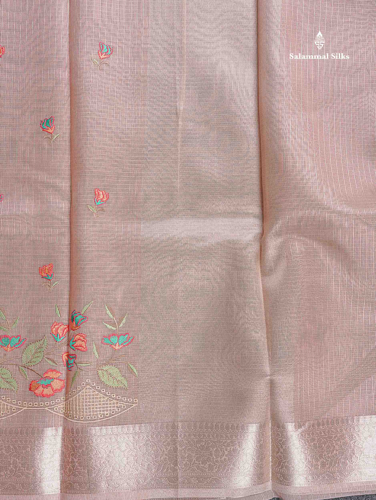 Kota Silk Saree - Light Peach Colour Body Embroidery Work With Fancy Border