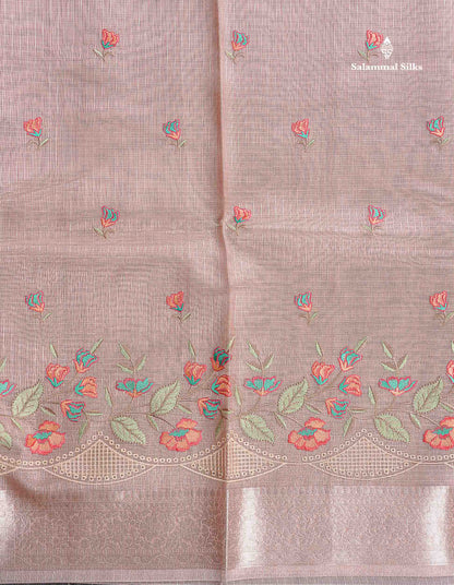 Kota Silk Saree - Light Peach Colour Body Embroidery Work With Fancy Border