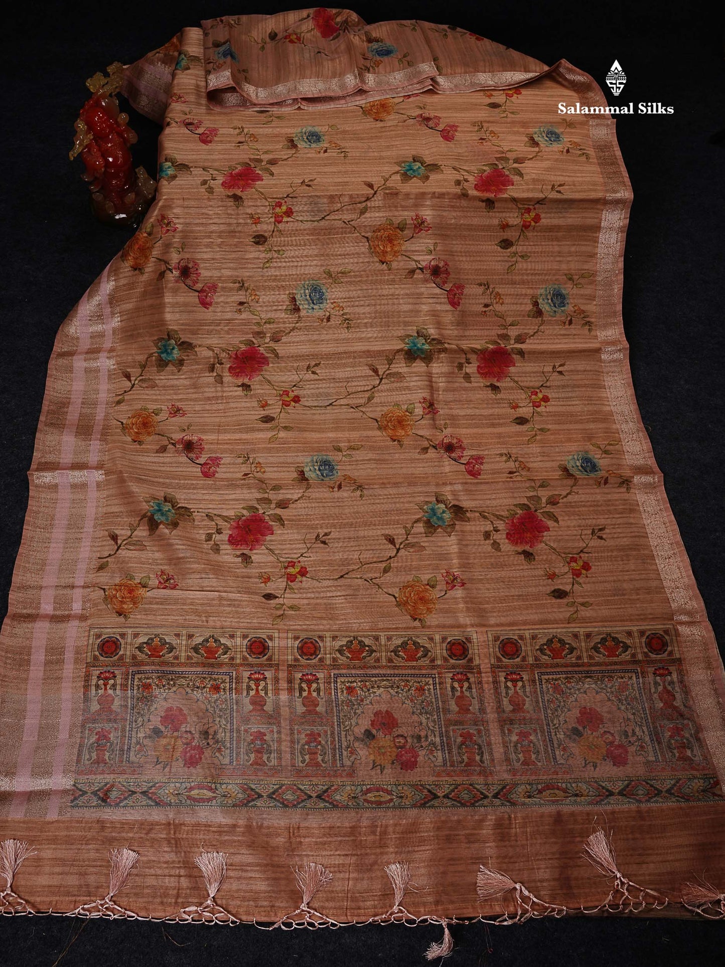 Semi Tussar Saree -  Dark Sandal Floral Design With Gap Border