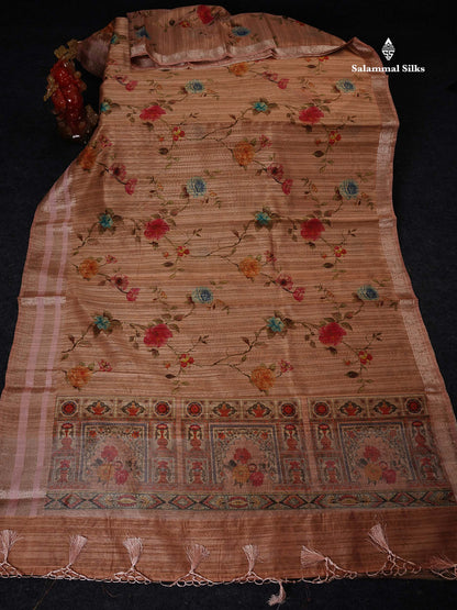 Semi Tussar Saree -  Dark Sandal Floral Design With Gap Border