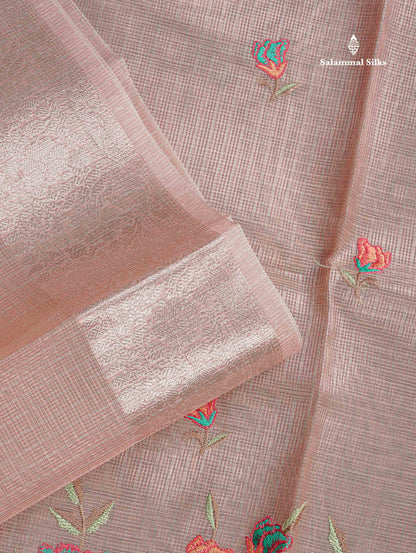 Kota Silk Saree - Light Peach Colour Body Embroidery Work With Fancy Border