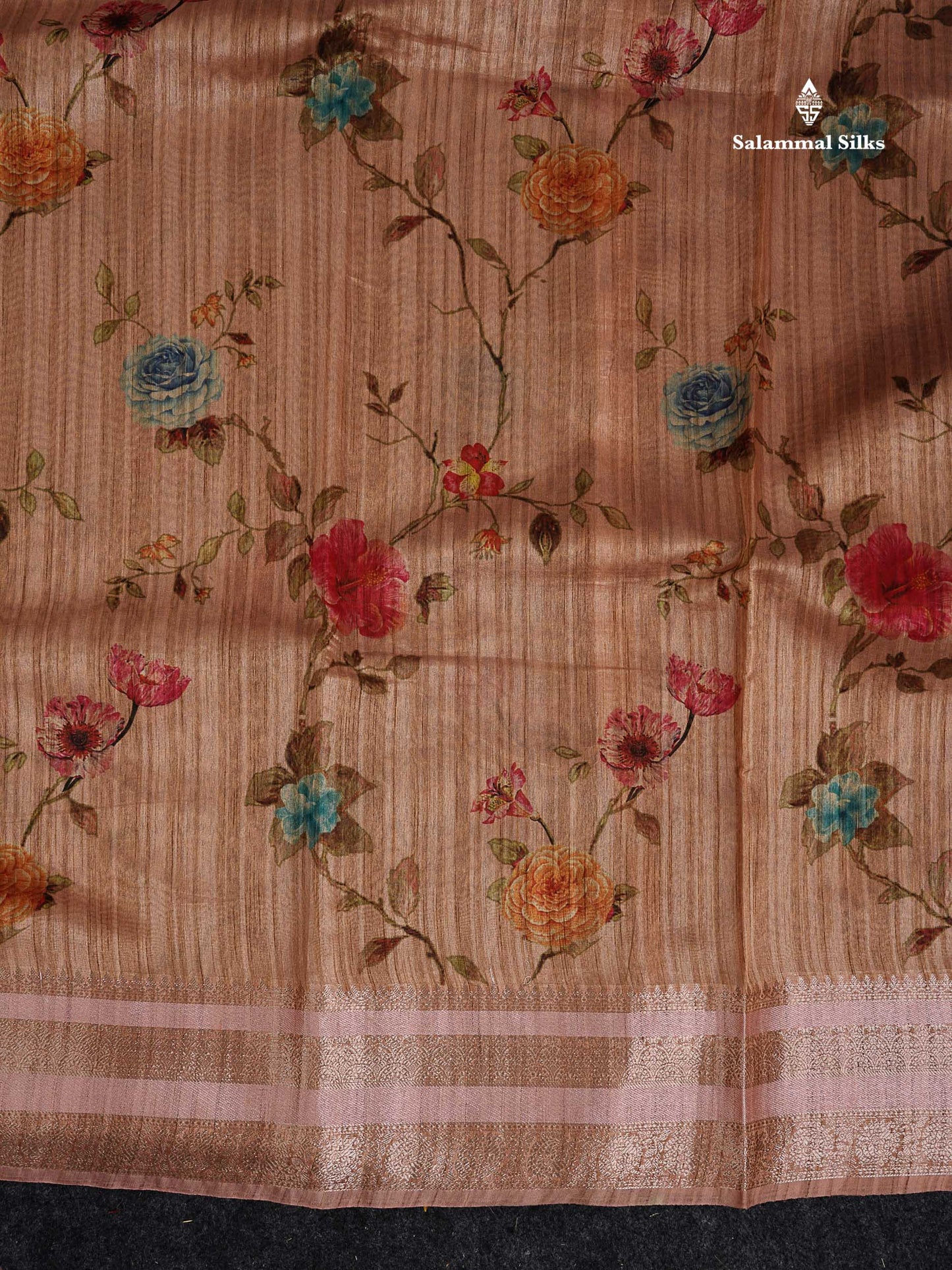 Semi Tussar Saree -  Dark Sandal Floral Design With Gap Border