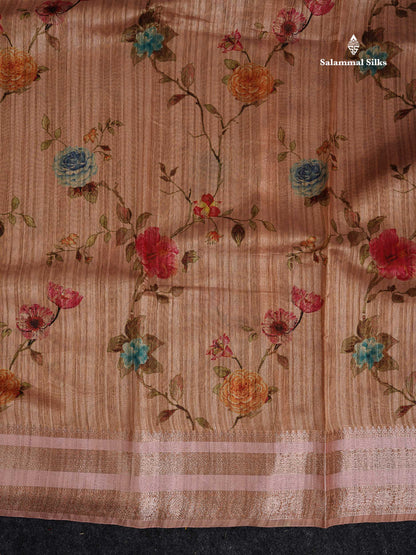 Semi Tussar Saree -  Dark Sandal Floral Design With Gap Border
