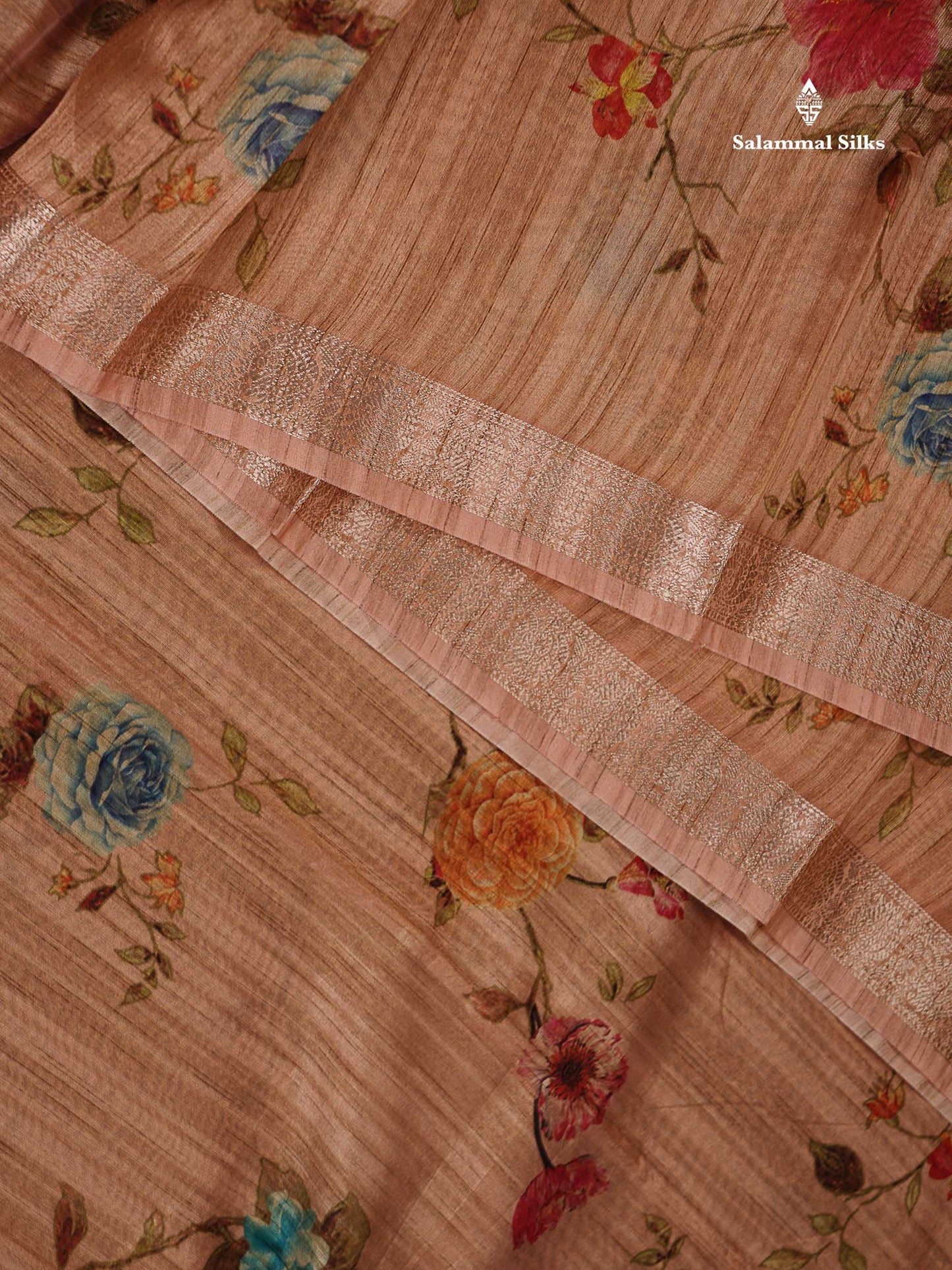 Semi Tussar Saree -  Dark Sandal Floral Design With Gap Border