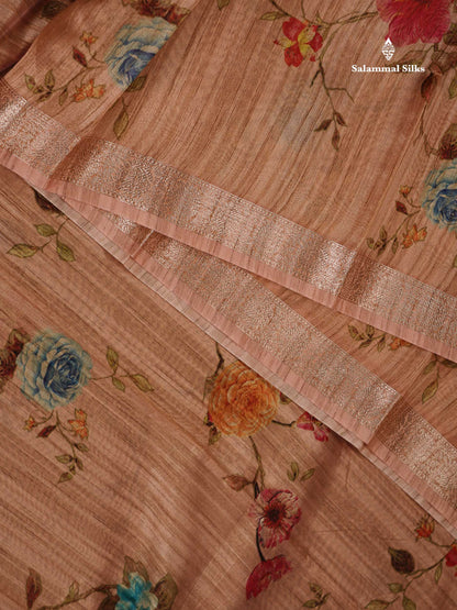 Semi Tussar Saree -  Dark Sandal Floral Design With Gap Border