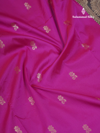 9 Yards Semi Silk Saree Magenta Pink With Contrast Bottle Green Border