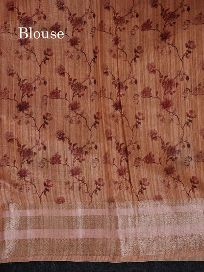 Semi Tussar Saree -  Dark Sandal Floral Design With Gap Border