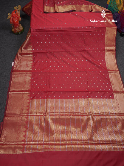 Beautiful Dark Magenta Silver & Gold Buttas Mixed Cotton Fancy Saree With Traditional Evening Morning Temple Border